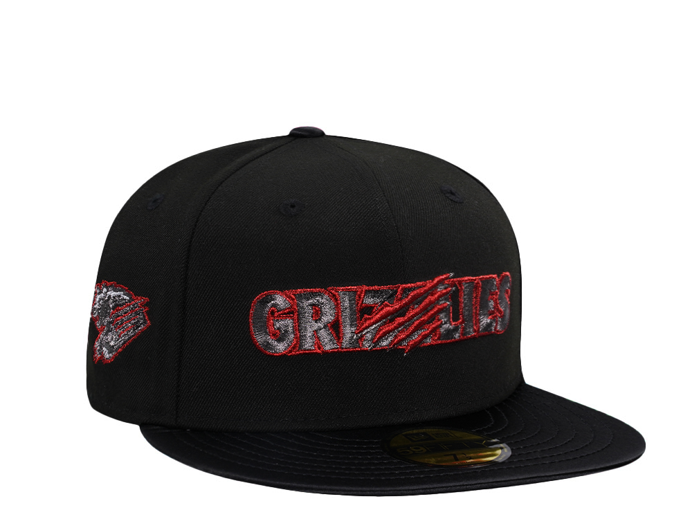 New Era Fresno Grizzlies Shiny Black and Red Satin Brim Edition 59Fifty Fitted Gorra