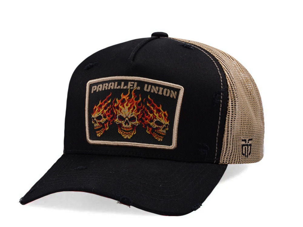 Parallel Union Fire Skull Patch Black Distressed Edition Trucker Snapback Gorra
