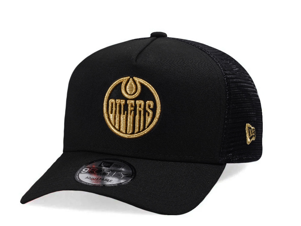 New Era Edmonton Oilers Metallic Gold Black Edition 9Forty A Frame Trucker Snapback Gorra