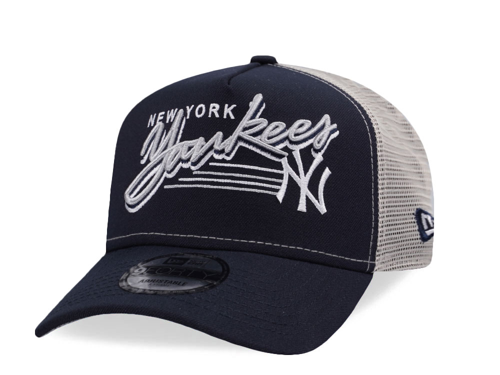 New Era New York Yankees Vintage Script Navy Trucker Edition 9Forty A Frame Snapback Gorra