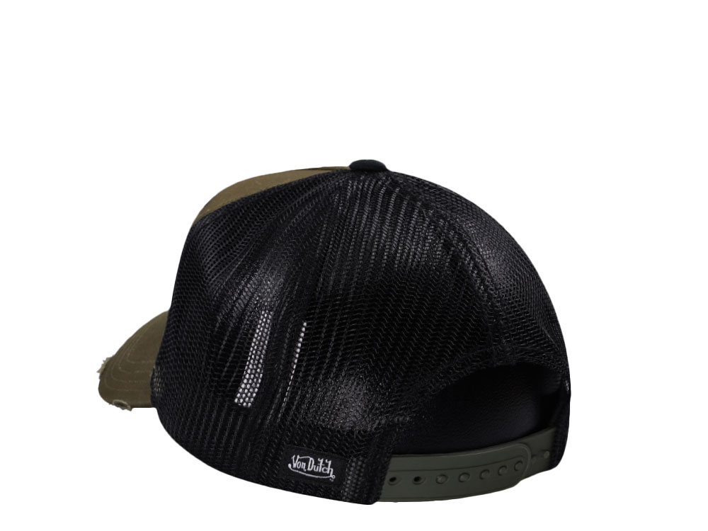 Von Dutch Square Patch Distressed Olive Trucker Snapback Gorra